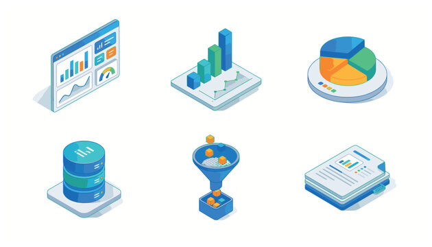 Data Analytics and Business Intelligence Isometric Icon Set with Charts Graphs Database and Funnel