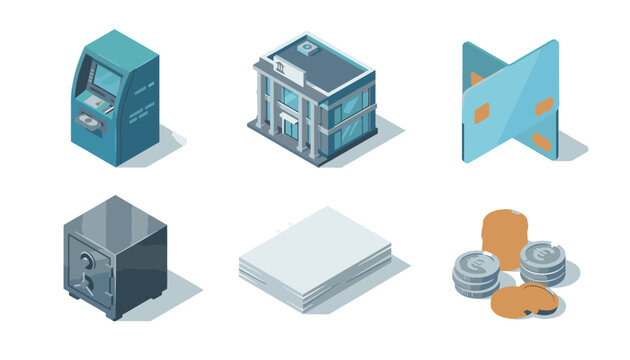 Finance Isometric Icons Set with Banking Elements Like Atm Bank Credit Cards Money and a Safe