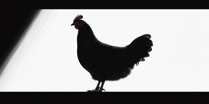 A black rooster silhouette perched on a ledge against a bright white backlit background, bold and calm