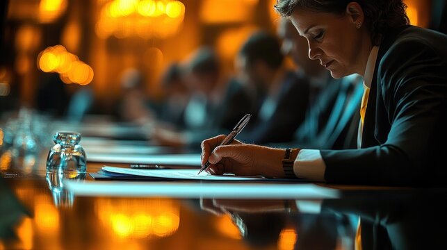 A focused professional in a suit writes on documents at a glossy conference table beneath warm amber lighting, with colleagues blurred in the background