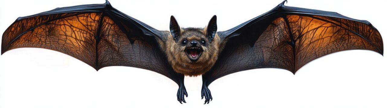 Close-up of a brown bat flying with wings fully spread, snarling with open mouth showing sharp teeth, intense fierce expression, detailed translucent wing membranes and fur on white background
