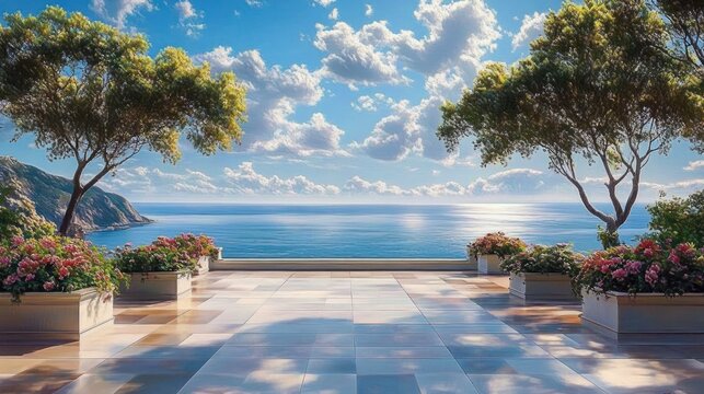 Serene sunlit seaside terrace with glossy tiled patio, potted flowering shrubs and two trees framing calm ocean and distant coastal cliffs under a bright cloudy sky