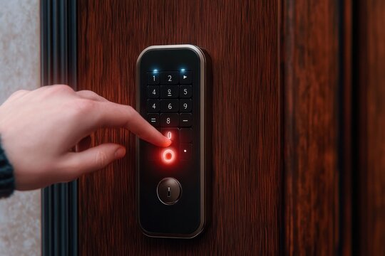 hand pressing glowing red button on black electronic keypad smart lock mounted on polished wooden door, focused cautious entry attempt