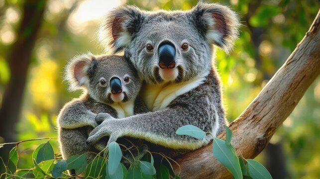 Two koalas, an adult and a joey, cuddling on a tree branch amid green leaves with gentle, affectionate expressions