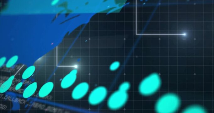 Camera panning revealing blue world map on tech HUD, moving turquoise markers visualizing data