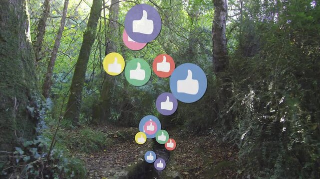 Bright like badges popping lower center, rising and enlarging to show growing likes in woodland