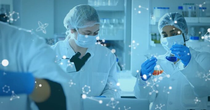 Lab pair lifting flask, testing via pipette at microscope molecular overlay hovering over samples