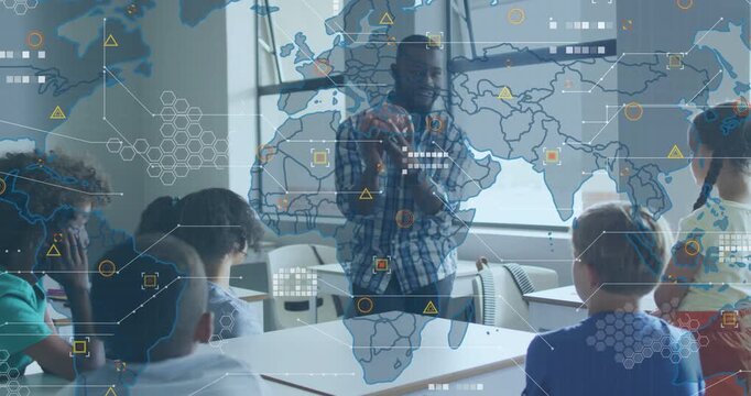 Vertical video: Male teacher holding globe, gesturing and teaching geo in class, HUD map fading in