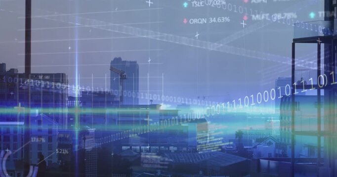 Urban skyline hosting HUD as blue scanline sweeping midframe, drawing graphs, pulsing, showing data