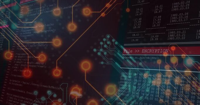 Circuit pulsing as File  ENCRYPTION bar activating, showing encryption flow with scrolling data