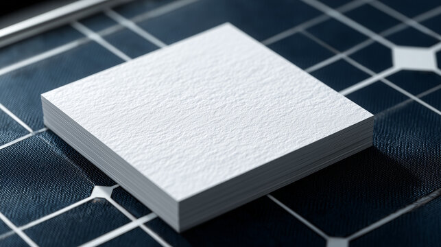 Blank Square Paper Stack on Solar Panel : A stack of blank white square paper is placed on top of a blue solar panel, symbolising cleanness and renewable energy source.