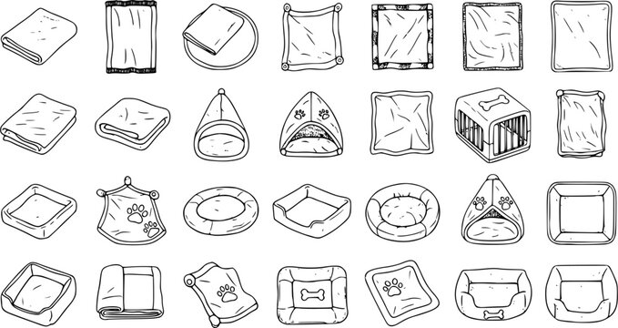 Hand-drawn collection of pet beds, blankets, mats, and shelters. Black and white doodle vector icons for dogs and cats.