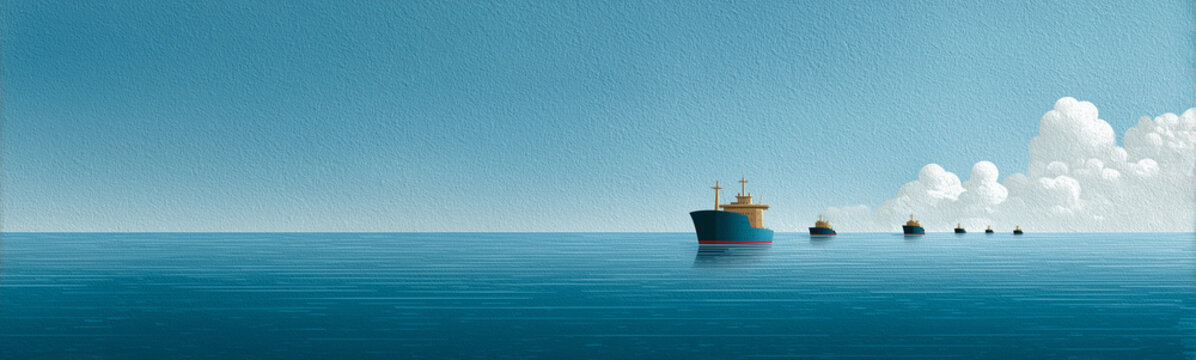 Maritime Serenity: A lone cargo ship sails across a tranquil ocean under a clear, azure sky, evoking a sense of vastness, journey, and the boundless freedom of the sea.