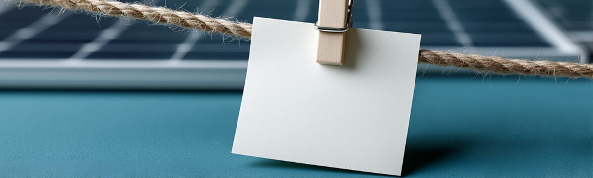 Note of Intention: A blank square note clipped with a wooden peg rests upon a hemp string, set against the backdrop of a solar panel and a turquoise surface.