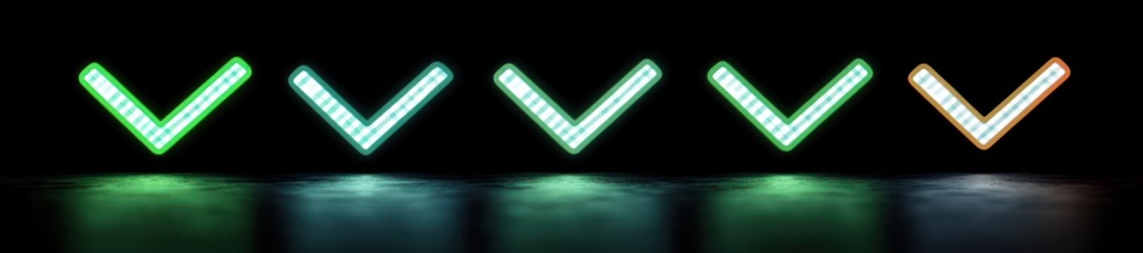 row of five glowing neon check marks reflected on a dark glossy surface, mostly green and cyan with one orange-tinted mark, conveying confidence and completion