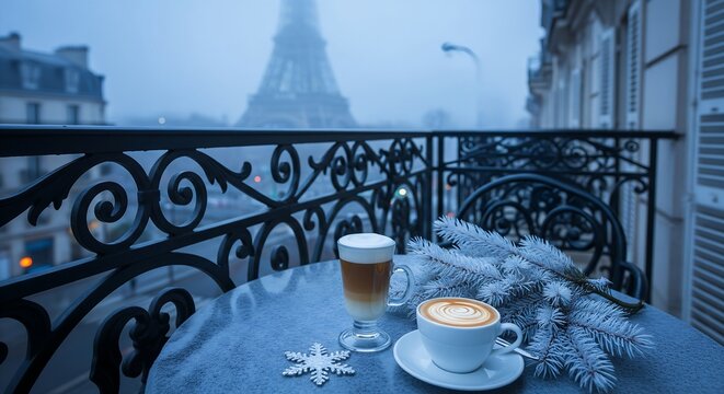 a wrought-iron balcony overlooking a misty Paris street. A small table features a coffee pour with a perfect cream swirl, a sprig of white pine, and a snowflake ornament. The Eiffel Tower is softly ou