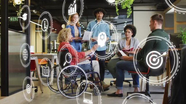 Wheelchair user extending page and speaking, team noting while UI icons appearing visualizing plan