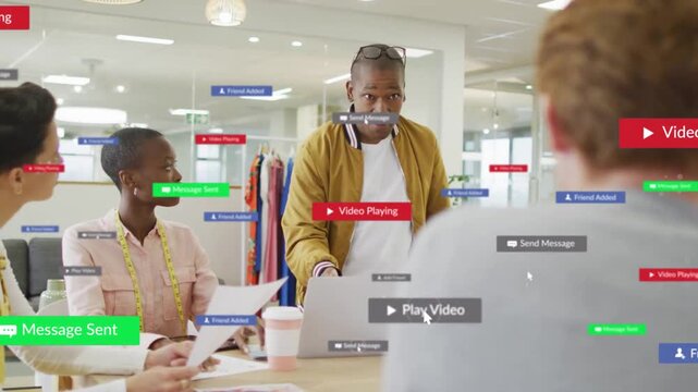 Presenter pointing at laptop triggers UI badges popping and clustering near laptop for review