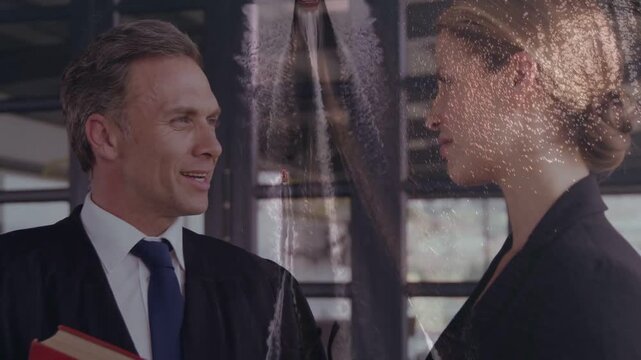 Man smiling, briefing with red folder in biz office, woman listening, overlay sparkling over pair