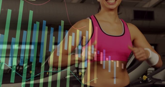 Woman shifting hands in gym as camera revealing upper body, animated bars tracking workout progress