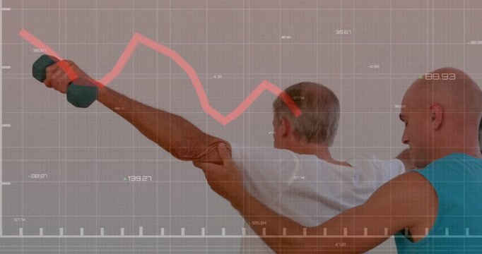 Senior male on bench doing dumbbell arc while trainer hands cueing, grid, pink line tracking rehab