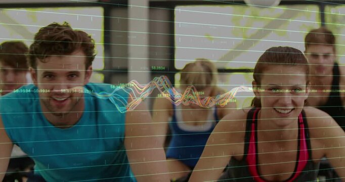 Hands on handlebars and cadence driving waveform while two riders pedaling to track fitness metrics