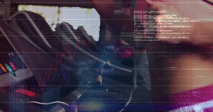 Female runner pressing console, jogging on treadmill while animated overlays tracking fitness stats