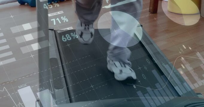 Child placing foot on moving belt, lower legs shifting feet while HUD charts tracking exercise
