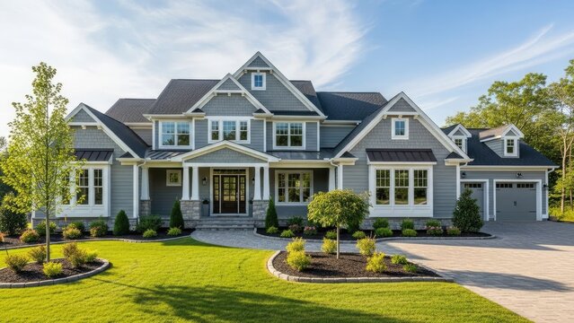 A large gray house with white trim and a well-manicured lawn