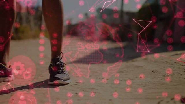 Man shifting weight, stepping forward on sunlit path as red tech overlay intensifies, revealing dog