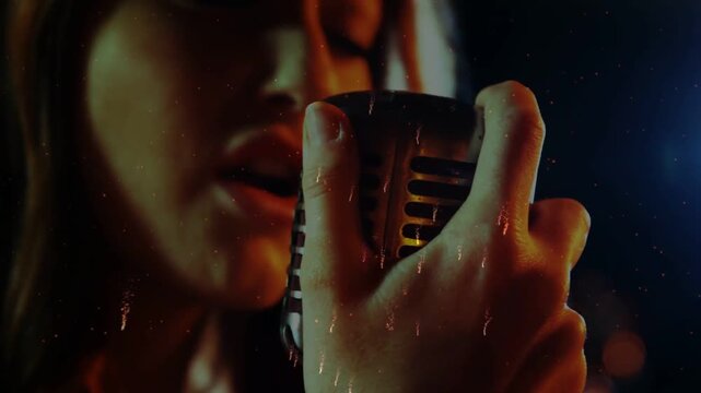 Female singer singing into mic, music set showcasing peak, voice creating sparks building, drifting