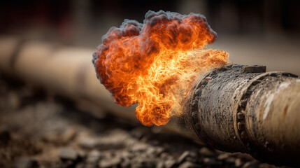 Fototapeta premium Fiery Industrial Hazard: The image captures a dramatic moment as flames erupt from a ruptured pipeline, highlighting the dangers of industrial accidents and the destructive power of uncontrolled fire.