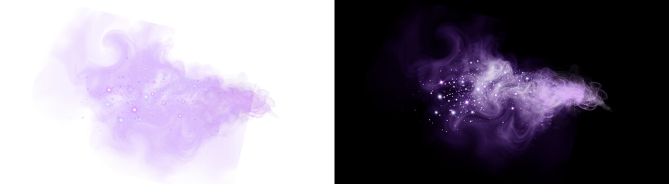 PNG image of&nbsp;Brilliant purple magic smoke cloud with sparkling glitter trails moves dynamically across a dark surface on transparent background