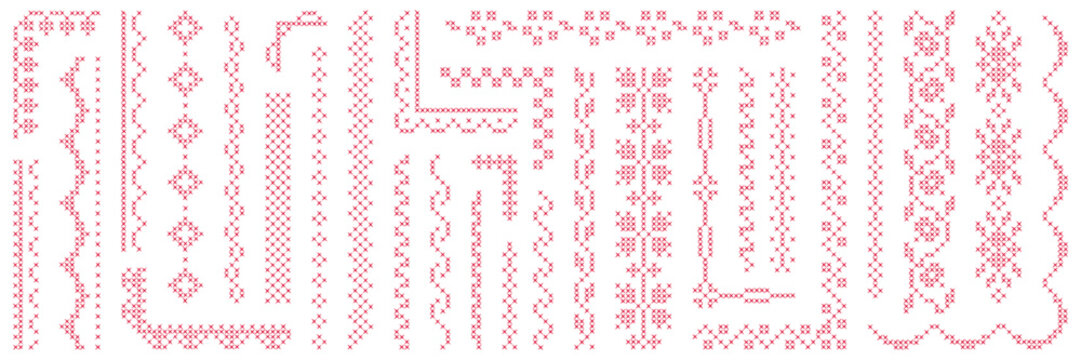 Hand drawn folk embroidered red needle borders and corners. Folk and flowers motifs needlework elements. Vector stitching collection overlays for creative project and work.