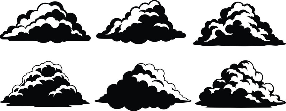 Cloud silhouettes set in different shapes isolated on white background, sky weather elements collection for design, cartoon style illustration, nature and atmospheric concept