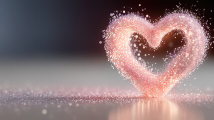 Fototapeta premium A shimmering heart composed of glittering particles floats delicately above a surface, its ethereal glow casting a soft, romantic ambiance. 