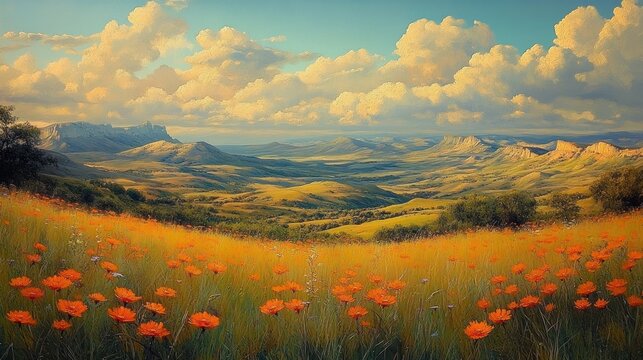 Sunlit valley with orange poppies in the foreground, rolling golden hills, distant blue mountains, and a sky of fluffy clouds under warm light