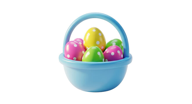 A blue basket filled with colorful easter eggs