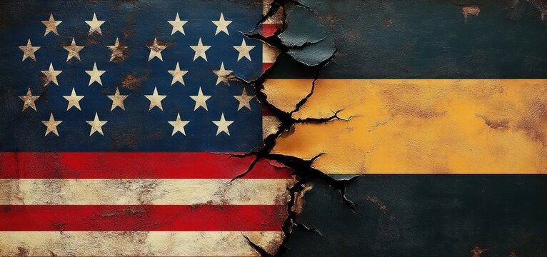cracked divide between a weathered american flag and a dark panel with a yellow stripe, evoking tension and conflict