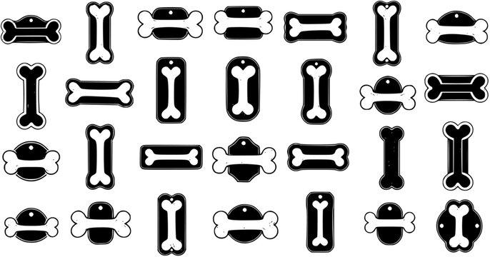 A collection of black and white bone-shaped dog tags and pet labels in various designs and orientations, isolated on a white background.