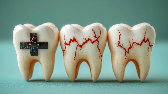 Three cracked molar teeth with red exposed fissures and one tooth marked with a dark repair cross, conveying pain, fragility, and urgent dental damage