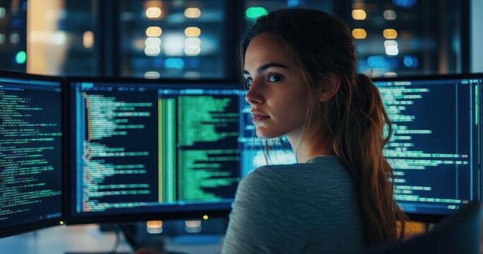 person with ponytail intently focused at three monitors displaying lines of code in a dim office with city lights bokeh, late-night concentration