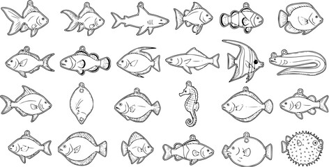 Fish Ornament Line Art Collection: Diverse Marine Animals for Holiday Crafts and Decorations © victoria
