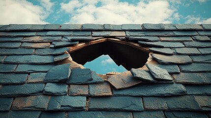 Weathered slate roof with jagged hole revealing bright blue sky and clouds, broken tiles scattered around the opening, evoking melancholy and quiet hope