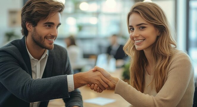 Two professionals shaking hands across a desk in a bright modern office, a warm gesture signaling agreement and collaboration