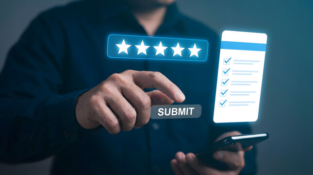 Man submitting five star rating on smartphone with glowing review interface