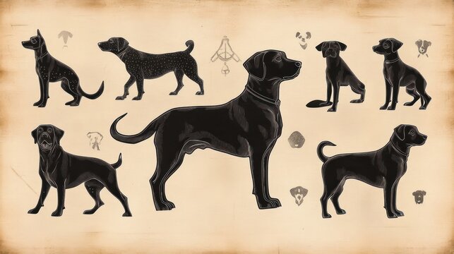 Vintage study sheet of black Labrador dogs in multiple poses on aged paper, playful and alert expressions