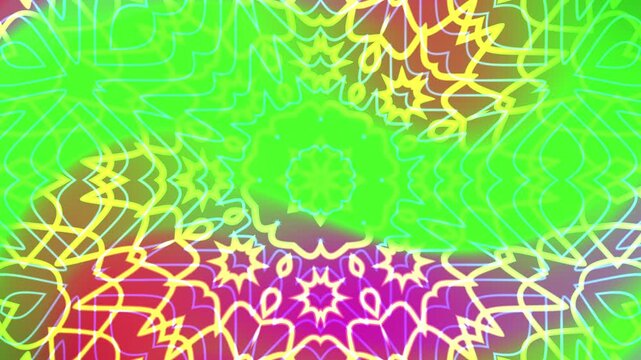 kaleidoscope overlay design with green, yellow, purple, and red geometric patterns. Ideal for backgrounds, digital art, prints, and textiles.