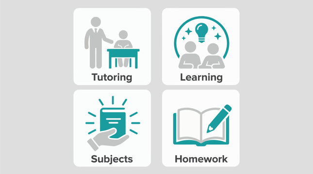 Educational icons for tutoring, learning, subjects, and homework in a vector graphic illustration