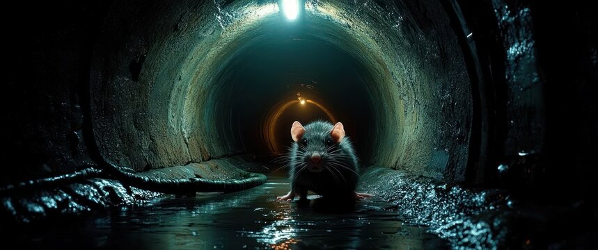 A curious rat stands in a wet sewer tunnel, blue and orange lights cast eerie shadows as it stares ahead with tense alertness